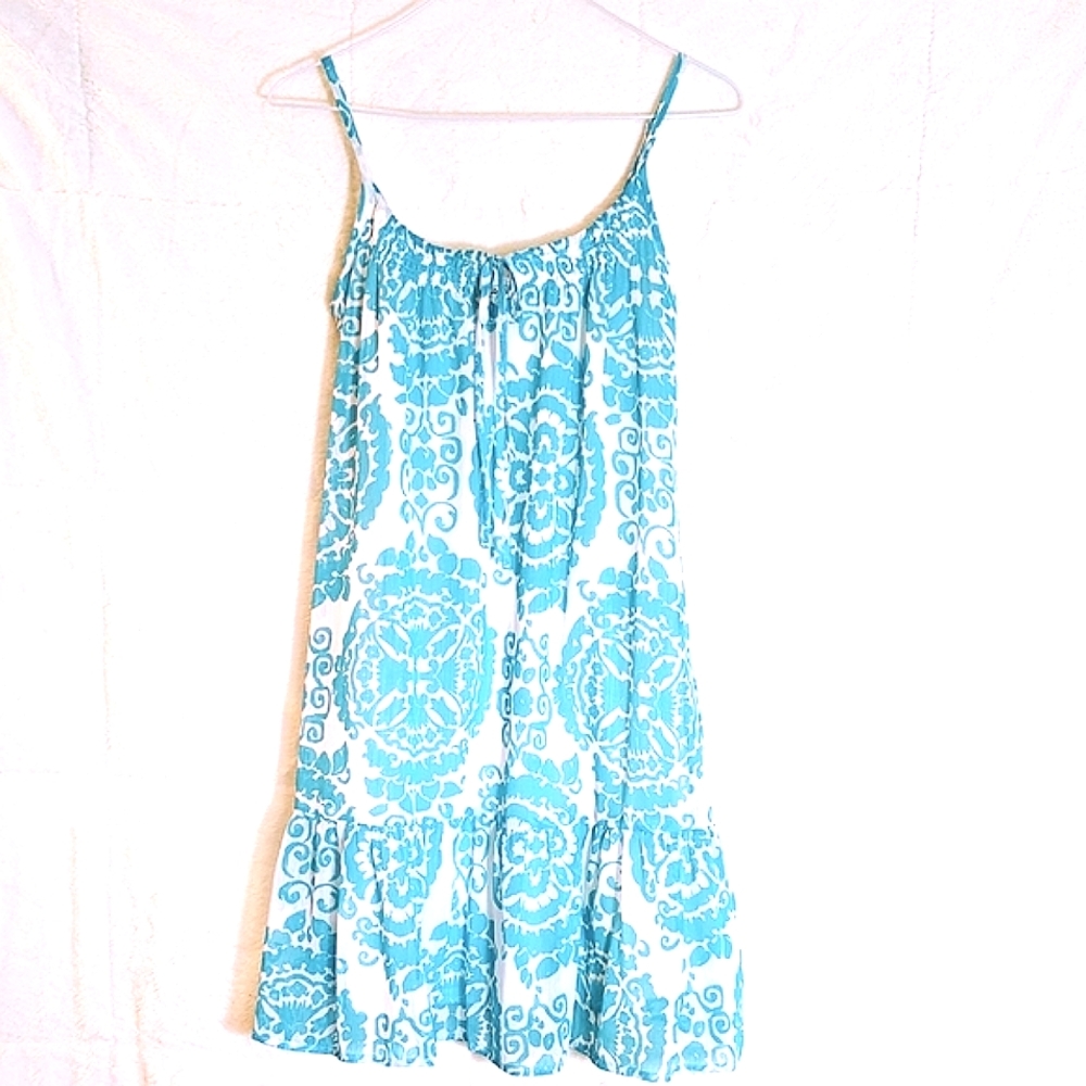 Old Navy Summer Sundress Teal Medallion Print Spaghetti Straps Ruffle sz Small